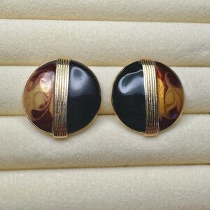 Vintage Black & Amber Enamel Gold Earrings